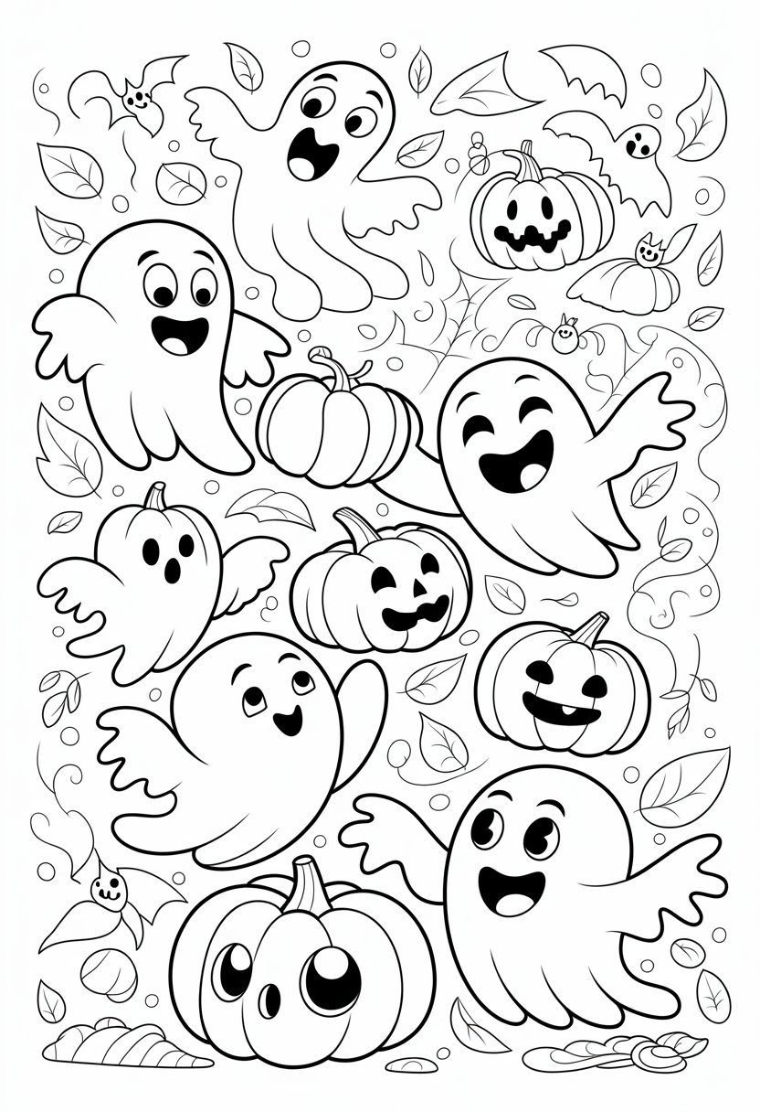 Halloween Coloring Pages Cute Collection of 20 Fun and Easy Designs 41 Playful ghosts holding pumpkins surrounded by Halloween decorations.